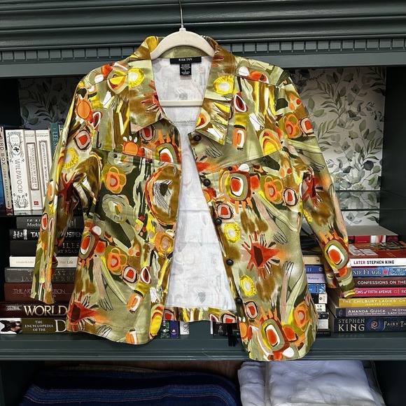 Kaktus Jackets & Blazers - Kak Tus Artsy Button Front Women's Sz L 3/4 Sleeves Pockets Cotton Blend